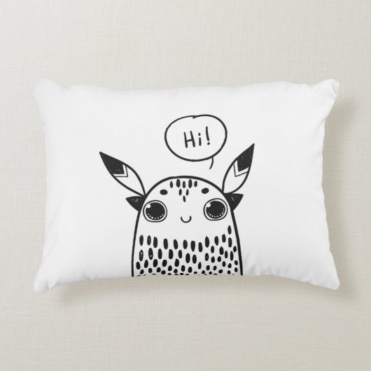 可愛い小さな怪物、白黒図解入りの、写真付きの アクセントクッション (正面)