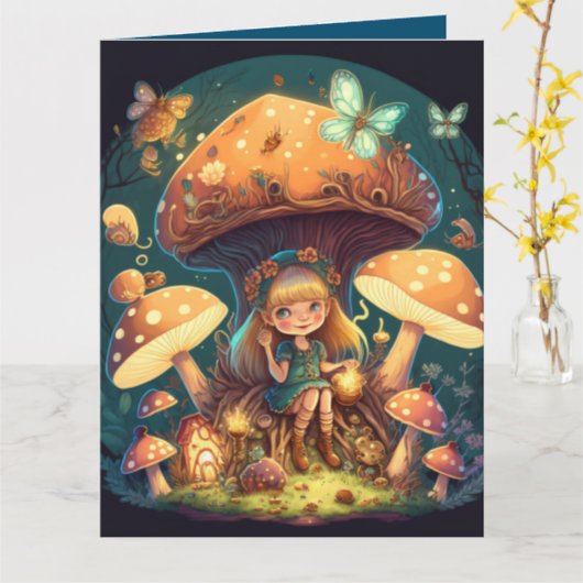 可愛い小人遊がキノコ カード (黄色い花)