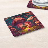 可愛い小人遊がキノコ スクエアペーパーコースター (アングル)