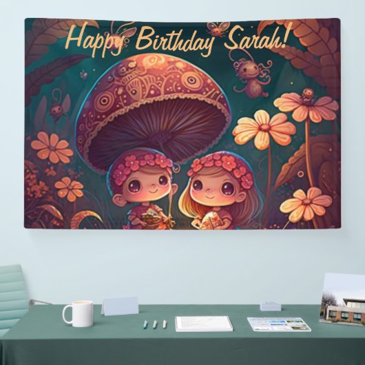 可愛い小人遊がキノコ 横断幕 (トレードショー)