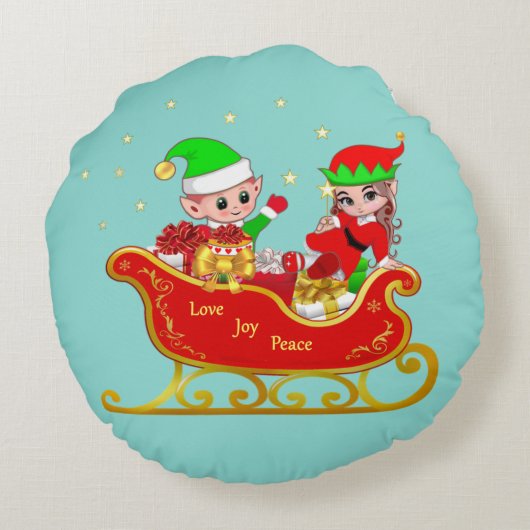 可愛い小妖精や小人オンクリスマスススイーティール(緑がかった色) ラウンドクッション (裏面)