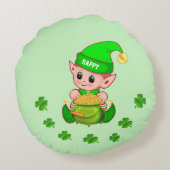 可愛い小妖精や小人、金ゴールドのポット&薄緑のシャムロック ラウンドクッション (裏面)