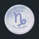 可愛い山羊座カスタムサイン誕生日パーティー ペーパープレート<br><div class="desc">紫とラベかわいらしンダーの山羊座の誕生日パーティの紙プレートパーソナライズされたは、〔占星術の〕十二宮図からあなたのサインを星座のように美しい輝きで占星術のす。12月カスタマイズ末か1月初めの誕生日を迎える人のための美しいキュラッシブな台本に名前を付けたこのかわいいカスタムの装飾。</div>