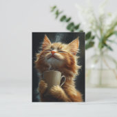 可愛い幸せそうなジンジャー子猫とコーヒー ポストカード (スタンド正面)