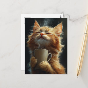 可愛い幸せそうなジンジャー子猫とコーヒー ポストカード