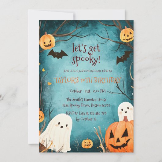 可愛い幽霊とカボチャのハロウィーン誕生日パーティー 招待状 (正面)