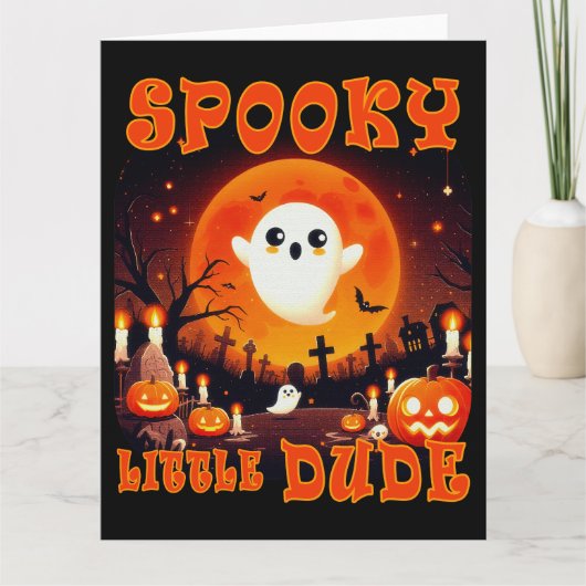 可愛い幽霊と巨大な月のハロウィーン墓地 サンキューカード (正面)