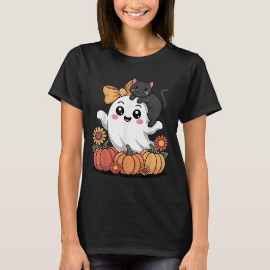 可愛い幽霊と猫かぼちゃ秋のファミリーマッチング Tシャツ (正面)