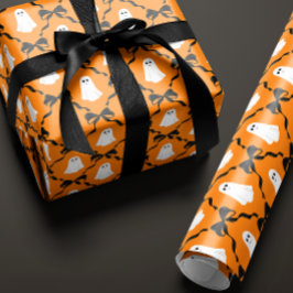 可愛い幽霊と黒い弓オンオレンジハロウィーン ラッピングペーパー