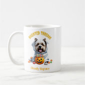 可愛い幽霊のよく出るおやつりヨークシャーテリアアップかわいいハロウィーン コーヒーマグカップ (左)