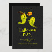 可愛い幽霊イラストBooブラックハローウィンパーティ 招待状 (正面/裏面)