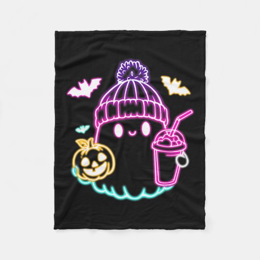 可愛い幽霊コーヒー飲み不気味ハロウィーン フリースブランケット (正面)