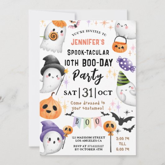 可愛い幽霊スポオクタキュラーハロウィーン10誕生日 招待状 (正面)