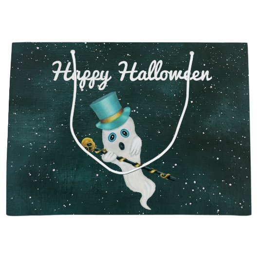 可愛い幽霊ファンシー帽子とスカルの杖フローティングスカイ ラージペーパーバッグ (正面)