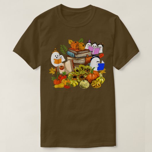 可愛い幽霊ブック読の恋人かぼちゃひまわりH Tシャツ (デザイン正面)