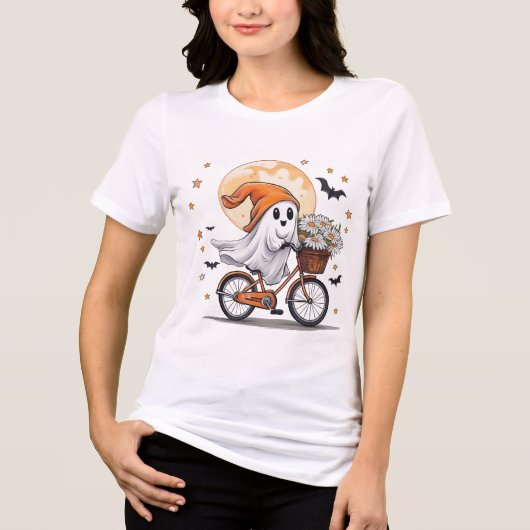 可愛い幽霊ライディング自転車ハロウィーンTシャツ – おもしろい トライブレンドＴシャツ (正面)