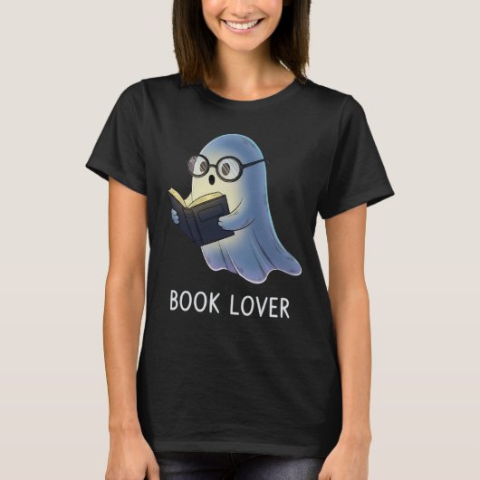 可愛い幽霊本好きTシャツ | おもしろいNerdy Bookwo Tシャツ (正面)