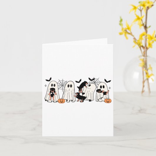 可愛い幽霊犬の犬の恋人の男性の女性の子供のハロウィーン カード (黄色い花)