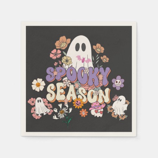 可愛い幽霊花付きハロウィンペーパーナプキン スタンダードカクテルナプキン (正面)