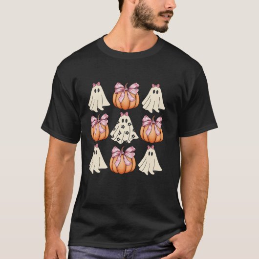 可愛い幽霊花模様ピンクコケット弓パンプキンハル Tシャツ (正面)