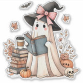 可愛い幽霊読の本好きハロウィーン幽霊 シール (正面)
