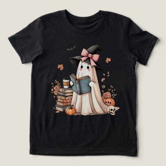 可愛い幽霊読の本好きハロウィーン幽霊 トライブレンドＴシャツ (デザイン正面)