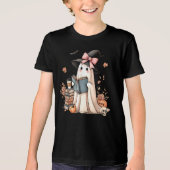 可愛い幽霊読の本好きハロウィーン幽霊 トライブレンドＴシャツ (正面)