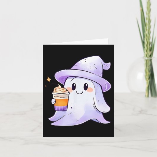 可愛い幽霊飲みコーヒーカップルハロウィーンコーヒー カード (正面)