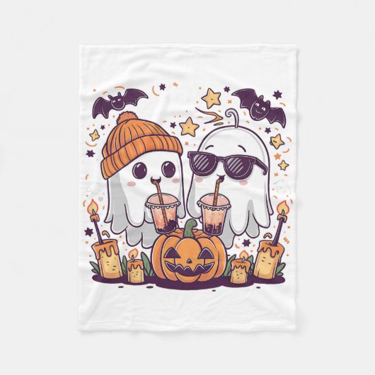 可愛い幽霊飲みコーヒー面白いハロウィーンの衣装 フリースブランケット (正面)