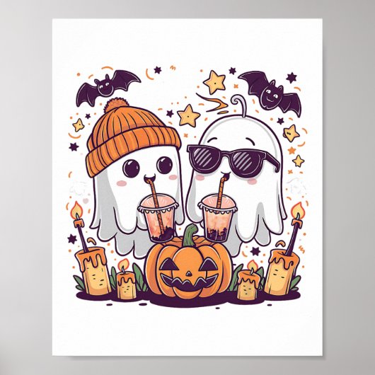 可愛い幽霊飲みコーヒー面白いハロウィーンの衣装 ポスター (正面)
