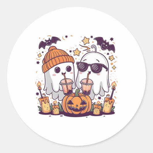 可愛い幽霊飲みコーヒー面白いハロウィーンの衣装 ラウンドシール (正面)