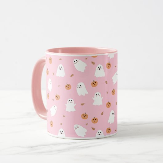 可愛い幽霊&パンプキンピンクハロウィーンパターン マグカップ (正面左)