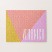 可愛い幾何学的カラーブロックコーラルピンクパーソナライズされた ジグソーパズル (横)