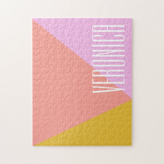 可愛い幾何学的カラーブロックコーラルピンクパーソナライズされた ジグソーパズル (縦)