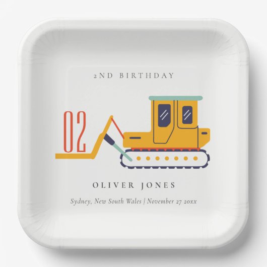 可愛い建築フォークリフト任意の年齢誕生日 ペーパープレート (正面)
