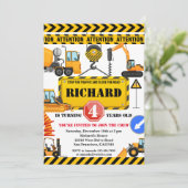 可愛い建築車子供の誕生日パーティー 招待状 (スタンド正面)