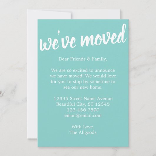 可愛い引っ越しましたターコイズの動く告知 案内状 (正面)