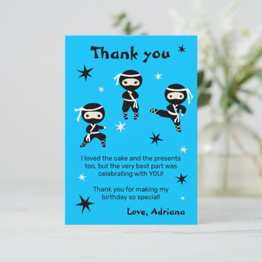 可愛い忍者キッズウォリアー女の子ブルーバースデーパーティー サンキューカード (スタンド正面)