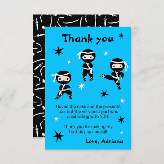 可愛い忍者キッズウォリアー女の子ブルーバースデーパーティー サンキューカード (正面/裏面)
