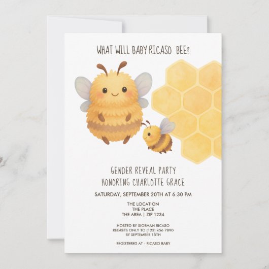 可愛い性別がベビー蜂の赤ちゃんシャワーを明かす 招待状 (正面)