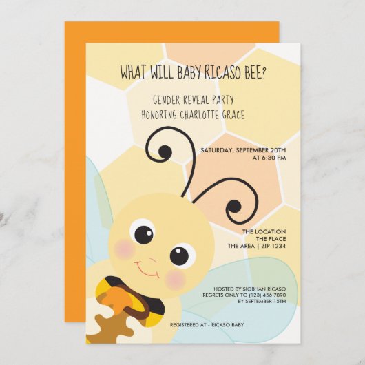 可愛い性別がベビー蜂の赤ちゃんシャワーを明かす 招待状 (正面/裏面)