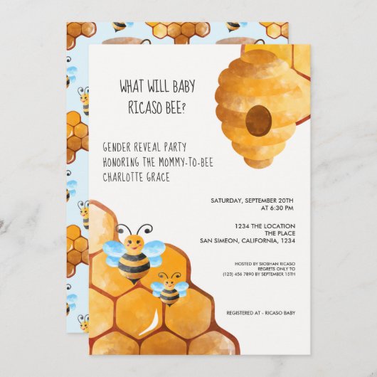 可愛い性別がベビー蜂の赤ちゃんシャワーを明かす 招待状 (正面/裏面)