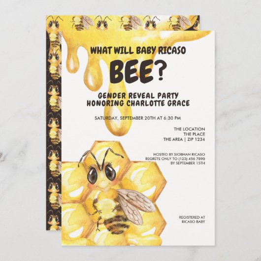 可愛い性別がベビー蜂の赤ちゃんシャワーを明かす 招待状 (正面/裏面)
