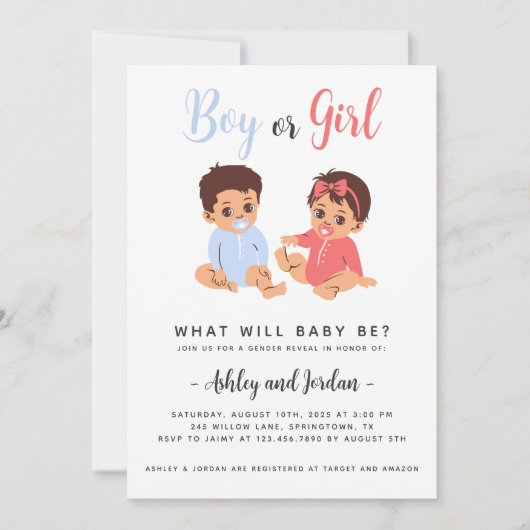 可愛い性別リビール招待状ブルー&ピンクベビー 招待状 (正面)