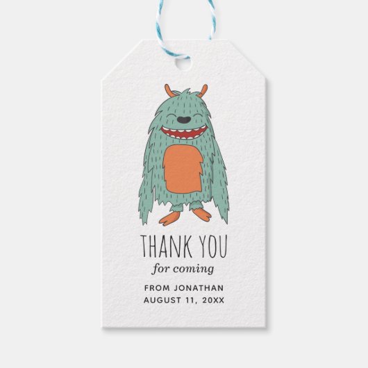 可愛い怪物。子供のパーティー。男の子の感謝してい生誕 ギフトタグ (正面)