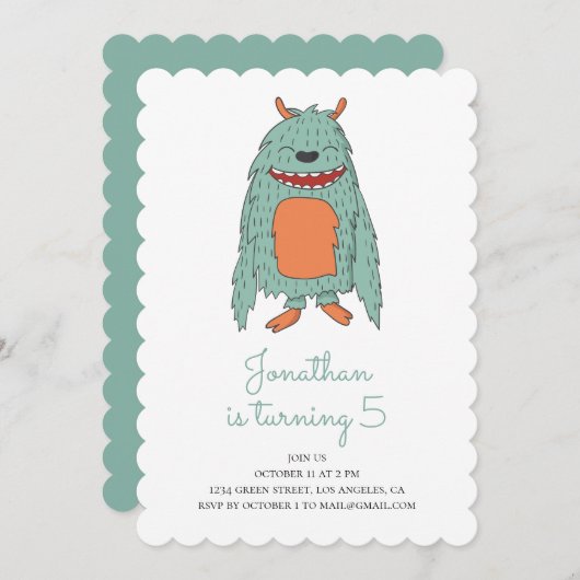 可愛い怪物。誕生日パーティーの招待。ベビーボーイ 招待状 (正面/裏面)