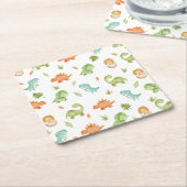 可愛い恐フレンドリー竜のパーティーT-レックスブロントサウルス スクエアペーパーコースター (アングル)