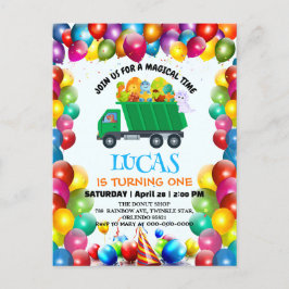 可愛い恐竜ごみトラックのバルーンバースデーボーイ インビテーションポストカード