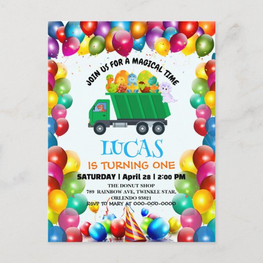 可愛い恐竜ごみトラックのバルーンバースデーボーイ インビテーションポストカード (正面)
