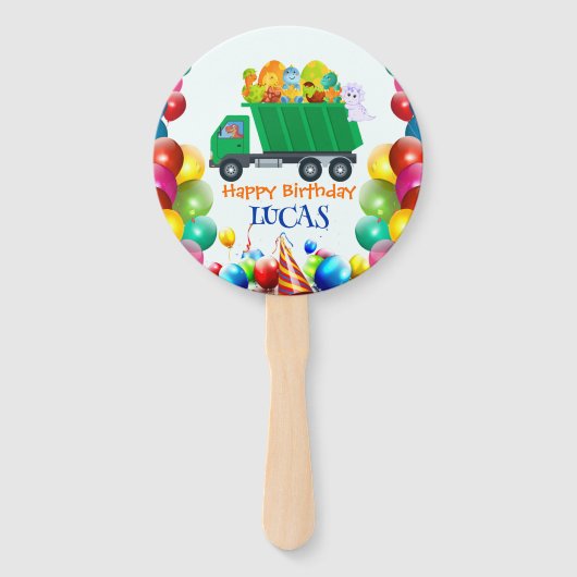 可愛い恐竜ごみトラックのバルーンバースデーボーイ ハンドファン (正面)